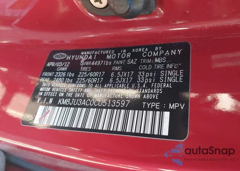 2012 Hyundai Tucson Gls z USA, uszkodzony, nr VIN KM8JU3AC0CU513597